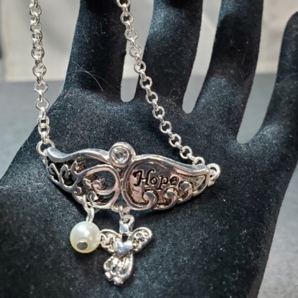 Angle Wings HOPE Bracelet w/Faux Pearl & Angel Charms